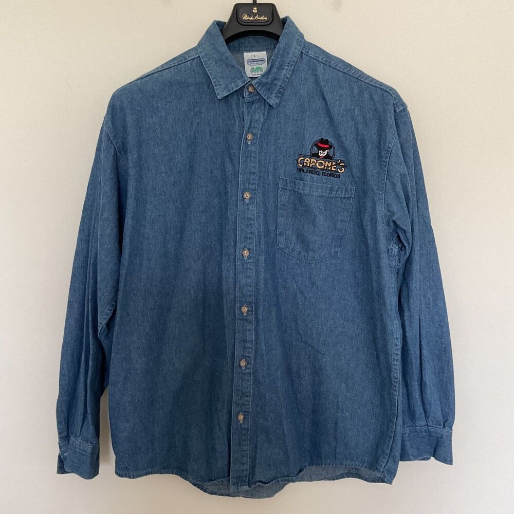 VTG 90s Winterland Productions Capone's Dinner Show Orlando Denim Shirt L USA